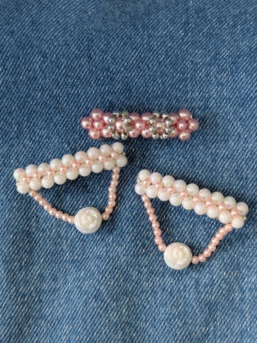 Three Vintage 90's Small Hair Clip Barrettes - Pink, Silver, Faux Pearl, Roses